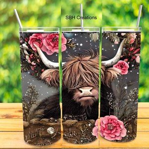 Pink Flower Highlander Cow Tumbler